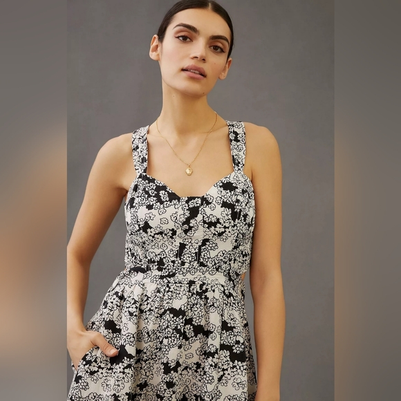 Anthropologie Black Printed Floral Linen Blend Midi Dress Size MP - Picture 2 of 12